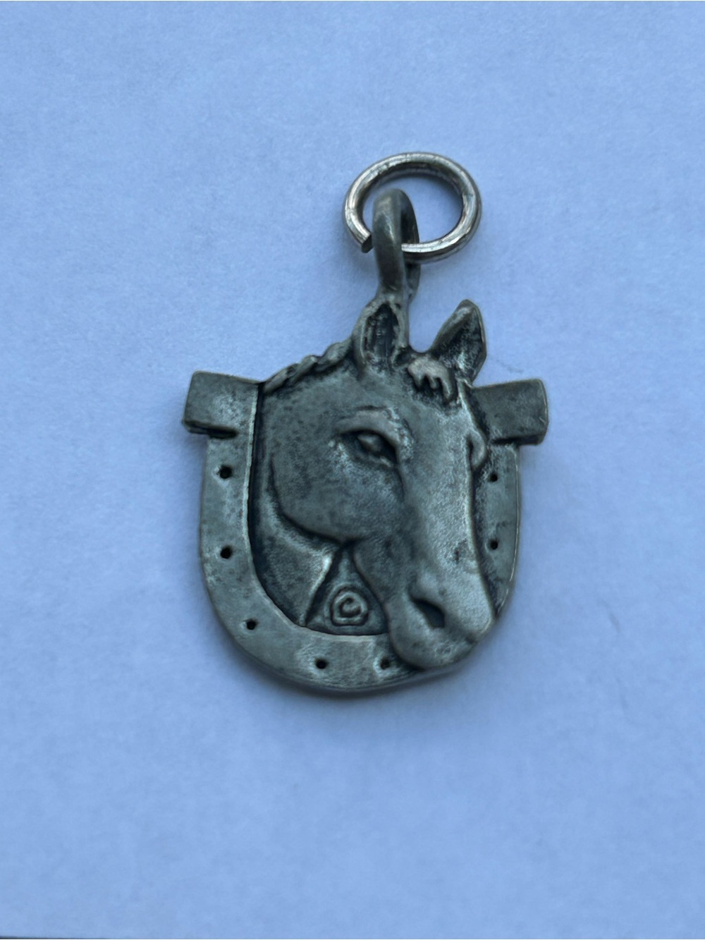 Vintage Horse Head Horseshoe Charm Pendant - Silver Tone w Pewter Finish